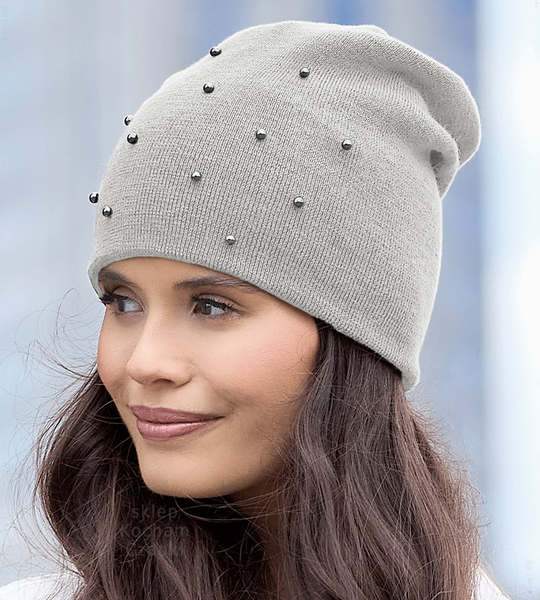 Czapka zimowa damska, wełniana 100% merino, Gobena, szary, 55-57 cm