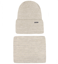 Komplet  Ragina, czapka i komin damski, z błyskiem, jasny beżowy, rozm. 55-60 cm