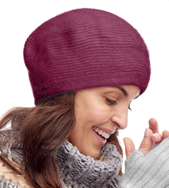 Beret damski zimowy, angora, Kiunara, burgund, 56-60 cm