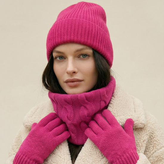Czapka, komin i rękawiczki z wełny merino i kaszmiru, komplet damski, różowy, 55-58 cm