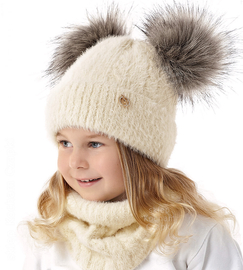Czapka z dwoma pomponmi i komin dla dziewczynki na zimę, Merlina, kremowy, 47-50 cm