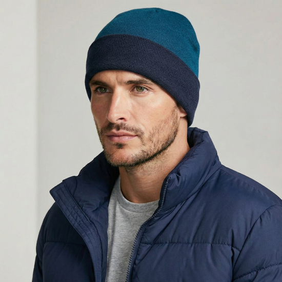 Czapka męska z wełny merino 100%, 2w1, niebiesko-turkusowa, 56-59 cm