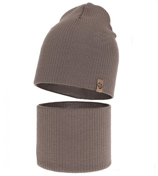 Czapka i komin dla chłopca, jesienny/wiosenny komplet, 100% wełna merino, Chiris, fango ciemny (10) , 48-51 cm
