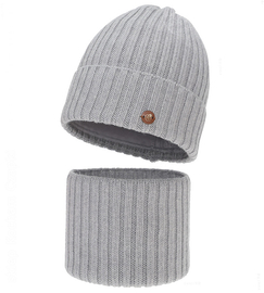 Czapka i komin z wełny merino 100%, komplet zimowy, Navira,  szary (11), 54-56 cm