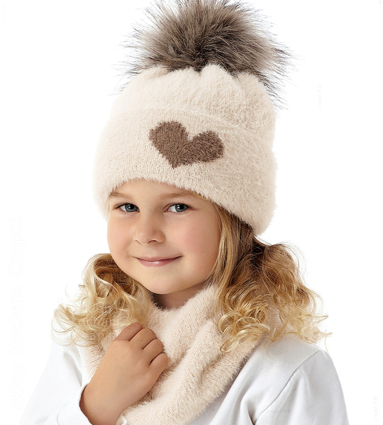 Czapka i komin dla dziewczynki, zimowy komplet, Peliana, ecru, 48-52 cm