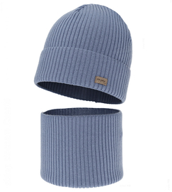 Czapka i komin dla chłopca, jesienny/wiosenny komplet, 100% wełna merino, Tinros,  niebieski (09) , 48-50 cm