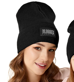 Czapka wiosenna-jesienna damska, z dzianiny w prążek, czarna, BlogFash, 54-57 cm