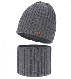 Czapka i komin dla chłopca, zimowy komplet, 100% wełniany merino, Buerto, szary (03), 55-57 cm
