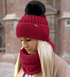 Czapka i komin damski, z pomponem, zimowy komplet, Mauricia, czerwony (9), 55-57 cm