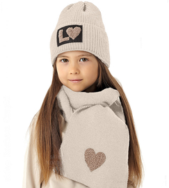 Komplet zimowy dla dziewczynki: czapka i szalik, Elwira, beżowy, 52-56 cm