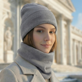 Czapka i komin z wełny merino i kaszmiru, komplet damski, Ginevra, szary, 55-58 cm
