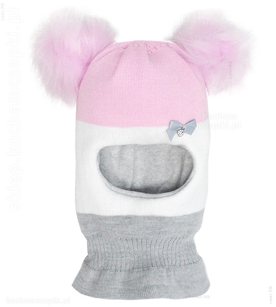 Czapka kominiarka dla dziewczynki, dwa pompony, róż+biały, Kajsa, 46-49 cm 