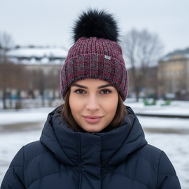 Piękna damska czapka zimowa, Soffia, róż ciemny melanż, 55-57 cm