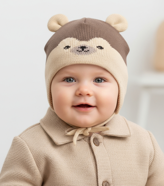 Czapka merino zimowa, dla chłopczyka, Isjomina, brązowa, 42-45 cm