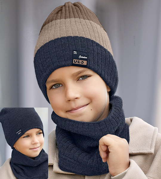 Zimowa czapka i komin, sportowy komplet dla chłopca, Desuno, dwustronny, granat + beż, 54-60 cm