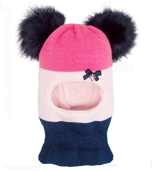 Czapka kominiarka  dla dziewczynki, dwa pompony, róż+granat, Kajsa, 46-49 cm 