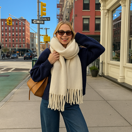 Szalik zimowy damski, gruby długi szal 200 cm, 2503, jasny beż