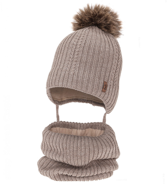 Czapka i komin dla chłopca, z wełną merino, Gonzo, beżowy, 48-50 cm