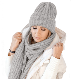 Czapka i szalik damski, modny komplet zimowy, Limda, szary, 56-59 cm