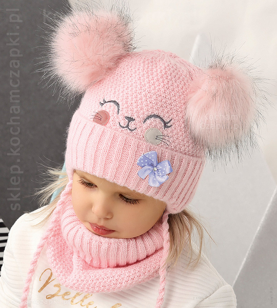Czapka i komin zimowy dla dziewczynki, dwa pompony, Melma, rozm. 46-49 cm