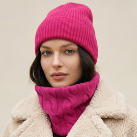 Czapka i komin z wełny merino i kaszmiru, komplet damski, różowy, 55-58 cm