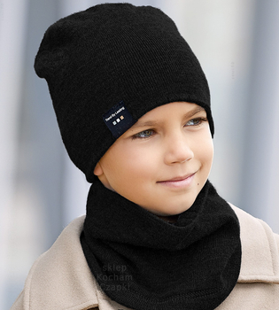 Zimowa czapka i komin, sportowy komplet dla chłopca, Desuno, dwustronny, czarny + szary, 54-60 cm