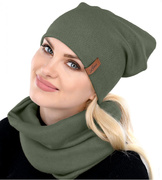 Czapka i komin damski, komplet wiosenny-jesienny, zielony oliwka, Clara, 55-58 cm