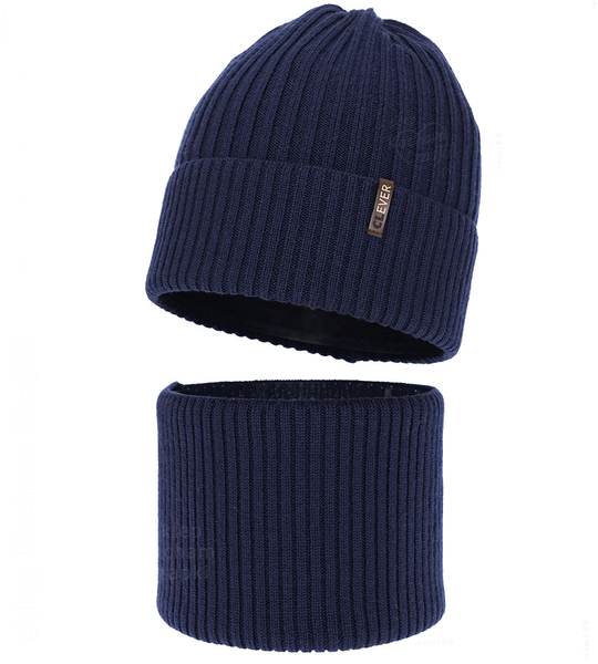 Czapka i komin dla chłopca, na zimę, 100% merino, Mogizzo, niebieski granatowy (06), 50-52 cm