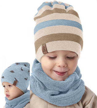Komplet jesienno-zimowy dla chłopca, dwustronna czapka i komin, Binofis, niebieski, 48-52 cm