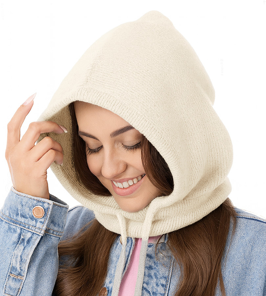 Komin z kapturem damski, kominiarka/kaptur zimowy wełniany, Ruanna, śmietankowy, 55-60 cm