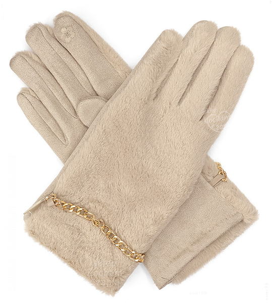 Rękawiczki damskie z futerkiem, funkcja dotykowa, beżowe, S/M