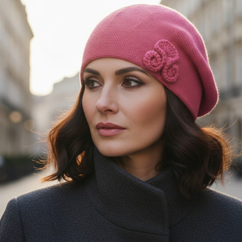 Czapka zimowa damska, beret pieczarka, Tesoni v.3, róż malina, 55-57 cm