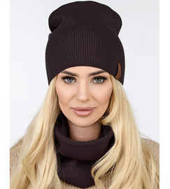 Czapka i komin damski, komplet wiosenny-jesienny, Carmelia, brązowy, 55-60 cm