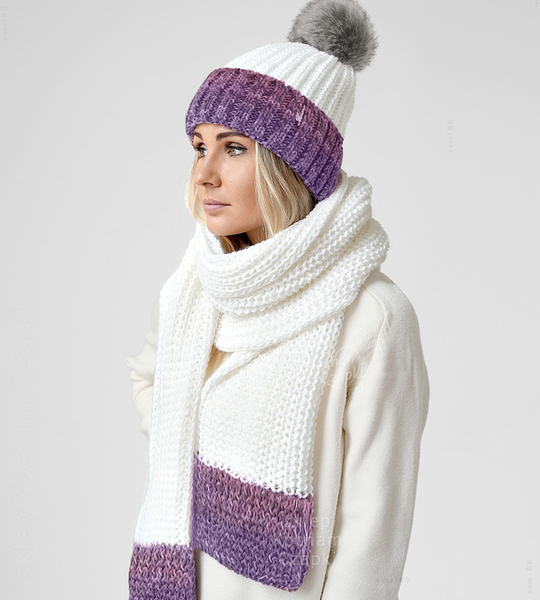 Czapka i szalik damski, komplet zimowy, z polarem, Borgata, mleczny + wzór (18), 56-58 cm