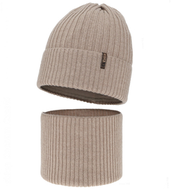 Czapka i komin dla chłopca, na zimę, 100% merino, Mogizzo, beżowy, 54-56 cm