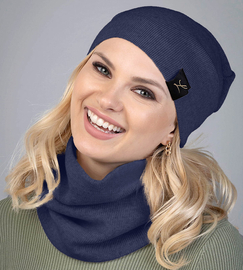 Dzianinowa czapka i komin damski, prążek, granat, Nobia rozm. 54-57 cm