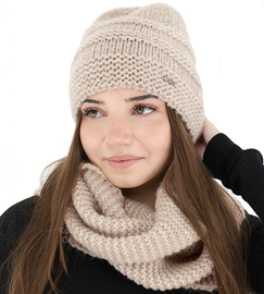 Czapka i komin do obwijania, zimowy damski komplet, Irydia, beżowy, 56-59 cm