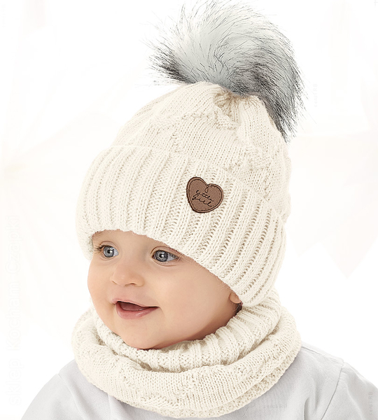 Czapka i komin dla dziewczynki, komplet zimowy, Tissaia, kremowy, 47-49 cm