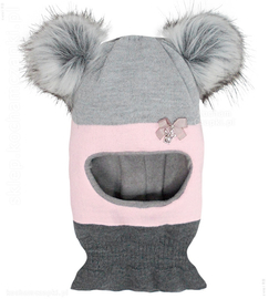 Czapka kominiarka dla dziewczynki, dwa pompony, szary+róż, Kejsa 46-49 cm