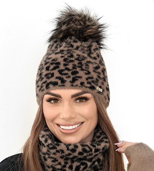 Czapka zimowa z pomponem, damska, panterka Paraiso, alpaka, kakaowy, 55-58 cm
