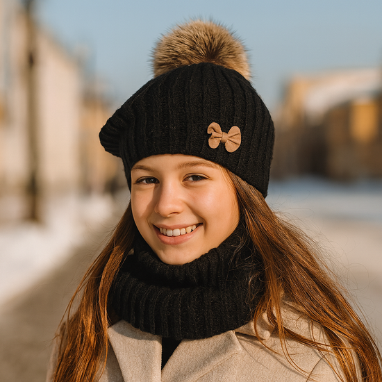 Beret zimowy i komin dla dziewczynki, Lopezja, szmaragdowy, 53-55 cm