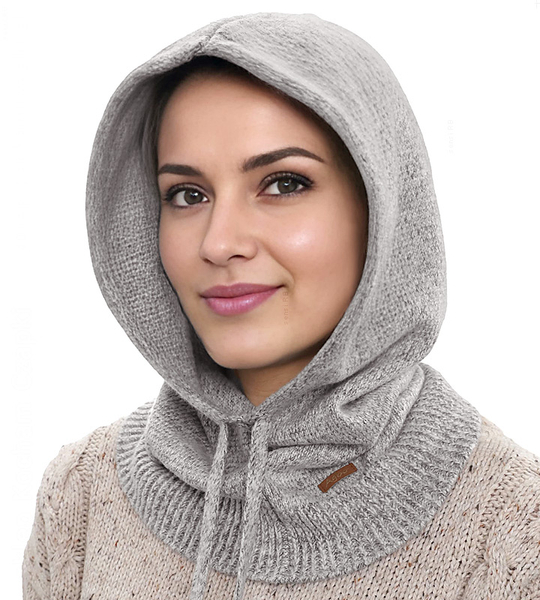 Komin z kapturem damski, kominiarka/kaptur zimowy, merino 17%, Beliza, szary melanż, 55-62 cm