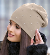 Czapka damska, bawełniana, z dżetami, Gatina, beżowy jasny, 56-58 cm