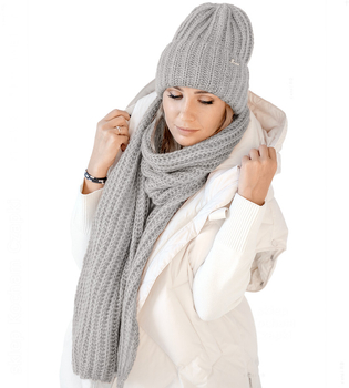 Czapka i szalik damski, modny komplet zimowy, Limda, szary, 56-59 cm