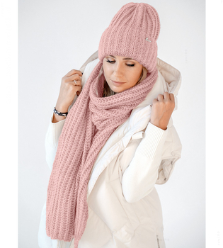 Czapka i szalik damski, podwijana i długi szal, wełna, Limda, róż jasny (2), 56-59 cm