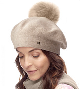 Beret damski zimowy z pomponem, wełniany, Keno, beżowy v.3, 56-59 cm