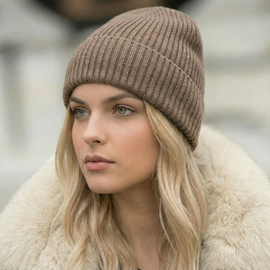 Czapka damska Wełniana z Kaszmirem, Suzanne, ciemny beż melanż, 56-60 cm