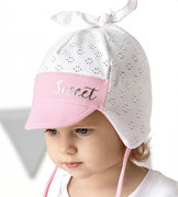 Czapka dla dziewczynki na lato, wiązana, ażurek, biały + jasny róż, Shirin, 41-43 cm