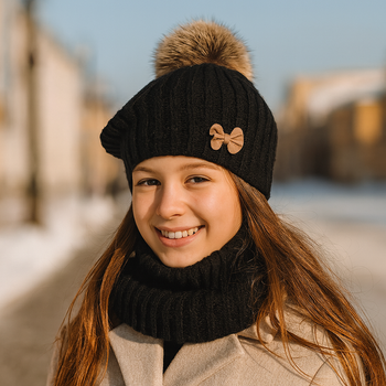 Beret zimowy i komin dla dziewczynki, Lopezja, czarny, 48-51 cm