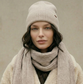 Komplet zimowy damski, czapka i szalik, z wełną merino, Alyssa, beżowy (15), 56-60 cm